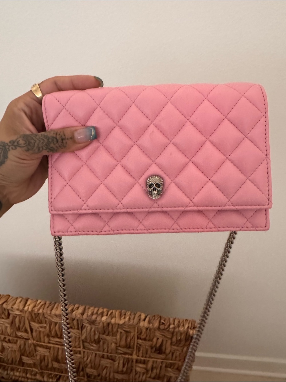 Alexander McQueen Pink Quilted Chain Shoulder Bag with Skull Accent